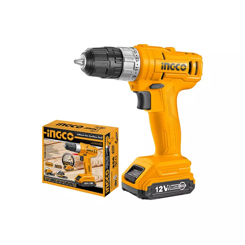 Ingco 12V Lithium-Ion Cordless Drill CDLI1211 - 15+1 Torque Settings, Integrated Work Light