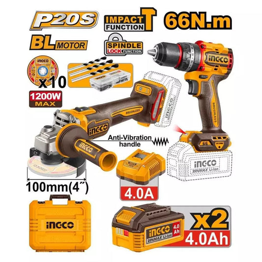 INGCO 20V Professional Brushless Combo Kit: High-Torque Impact Drill & Variable Speed Angle Grinder - CKLI2025610