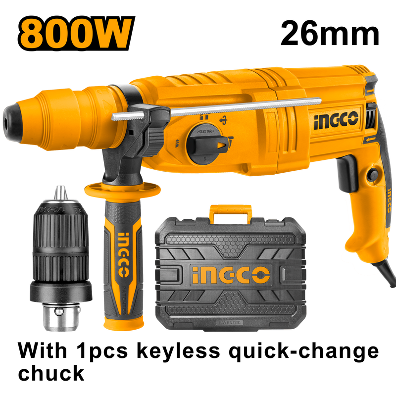 Ingco RGH9028-2 Rotary Hammer - 800W, 2.5J Impact Energy, Versatile Drilling Capacities