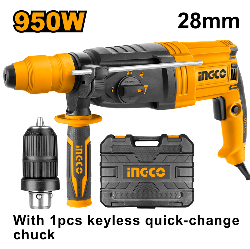 Ingco RGH9528-2 Rotary Hammer - 950W, 2.5J Impact Energy, Enhanced Drilling Capacities