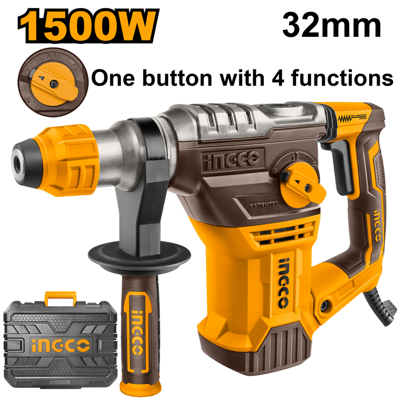 Ingco RH150068 Rotary Hammer - 1500W, 5.5J Impact Energy, High-Performance Drilling