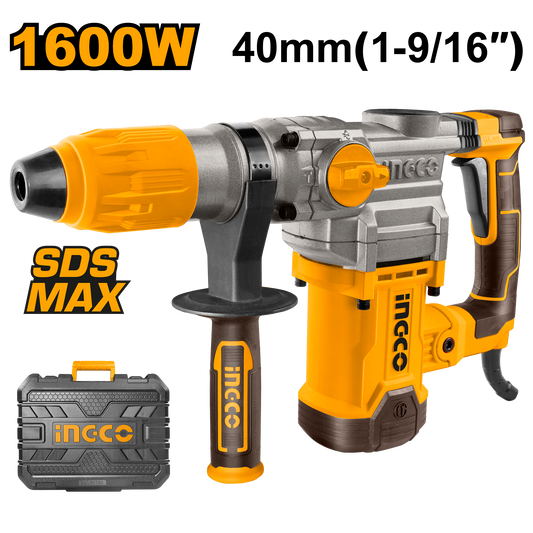 Ingco RH1600388 Rotary Hammer - 1600W, 10.0J Impact Energy, SDS MAX Chuck System