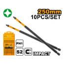 Ingco SDBIM11PH1103 Impact Screwdriver Bits - PH1, 250mm, 10pcs/set, High Visibility Sleeve, S2 Industrial Steel, Packed by Plastic Box