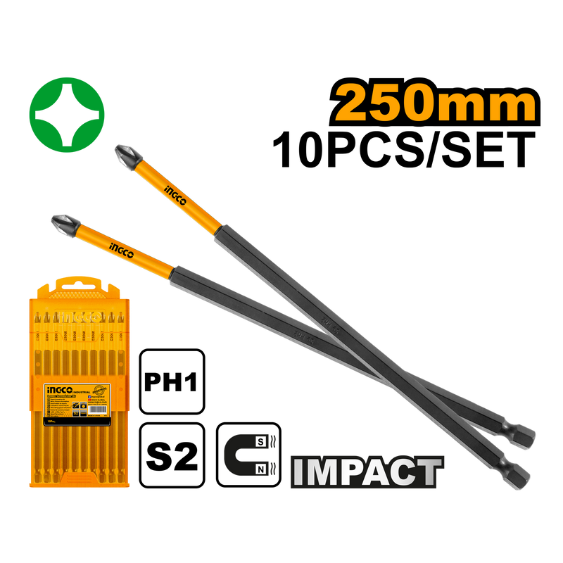Ingco SDBIM11PH1103 Impact Screwdriver Bits - PH1, 250mm, 10pcs/set, High Visibility Sleeve, S2 Industrial Steel, Packed by Plastic Box