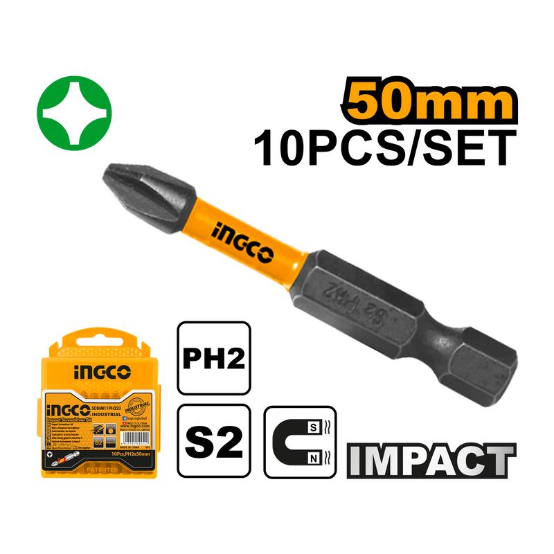 Ingco SDBIM11PH223 Impact Screwdriver Bits - PH2, 50mm, 10pcs/set, High Visibility Sleeve, S2 Industrial Steel, Packed by Plastic Box