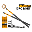 Ingco SDBIM11T25103 Impact Screwdriver Bits - T25, 250mm, 10pcs/set, High Visibility Sleeve, S2 Industrial Steel, Packed by Plastic Box