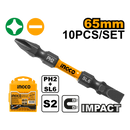 Ingco SDBIM21HL133 Impact Screwdriver Bits - PH2+SL6.0*1.0, 65mm, 10pcs/set, High Visibility Sleeve, S2 Industrial Steel, Packed by Plastic Box