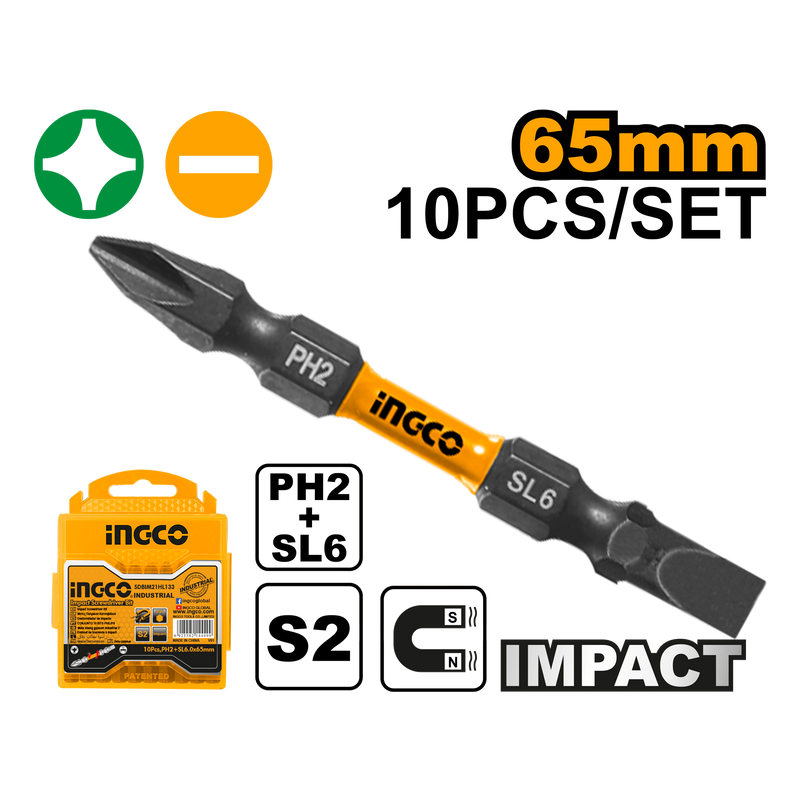 Ingco SDBIM21HL133 Impact Screwdriver Bits - PH2+SL6.0*1.0, 65mm, 10pcs/set, High Visibility Sleeve, S2 Industrial Steel, Packed by Plastic Box