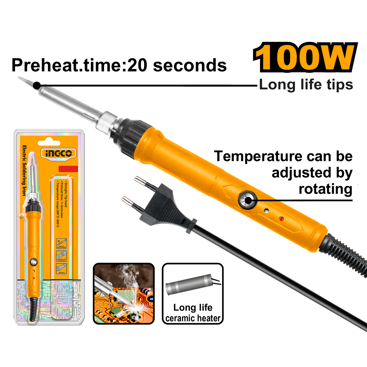 Ingco SI0110831 Electric Soldering Iron - 100W, Adjustable Temperature