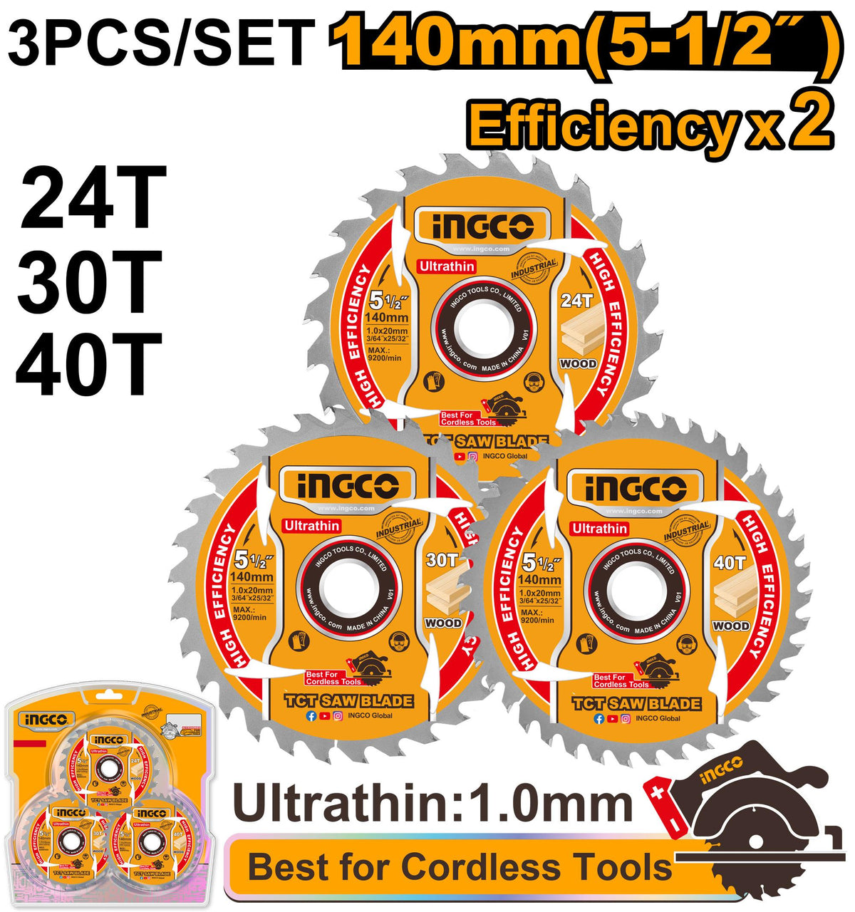 Ingco Ultra-thin TCT Saw Blade Set TSB4003 - Size 140mm(5-1/2")