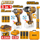 INGCO COSLI251085 20V Cordless Brushless 3-Pcs Automotive Combo Kit (1000Nm & 555Nm Wrench + Magnetic Work Lamp)