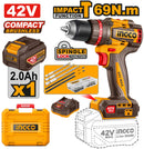 INGCO CIDLI426981 42V Lithium-Ion Compact Brushless Cordless Impact Drill Kit (69Nm) with 47-Pcs Accessory Set