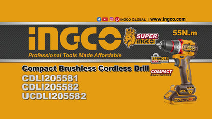 INGCO CDLI205582 20V Compact Brushless Cordless Drill Kit with 47 Accessories | 55Nm Torque, 13mm Chuck, Battery & Charger Included